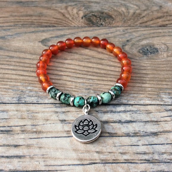 Carnelian bracelet with Lotus charm, African Turquoise, sacral chakra, healing - Picture 2 of 8